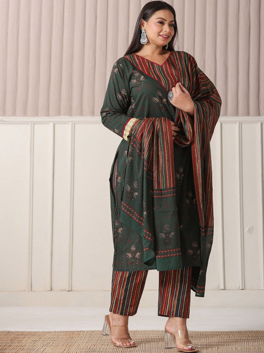 Yufta Plus Size Floral Printed V-Neck Pure Cotton Straight Kurta With Trousers And Dupatta