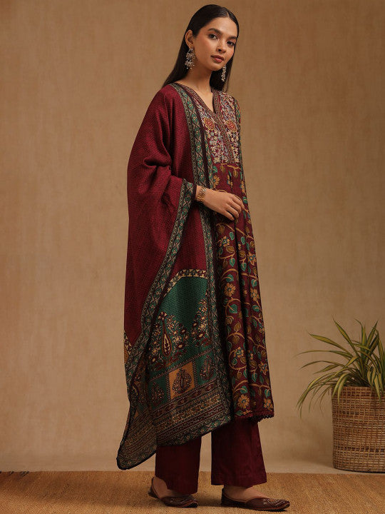 Floral Printed V-Neck Thread Work Kurta With Palazzos & Dupatta