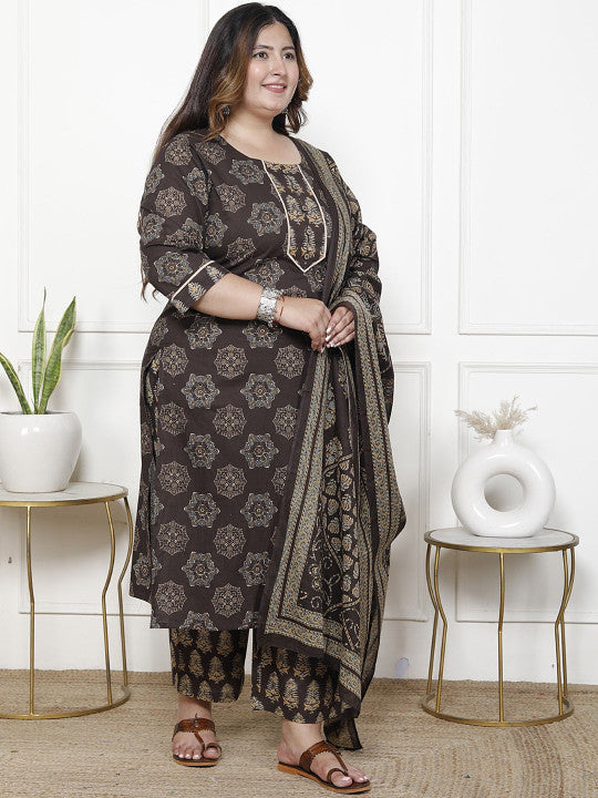 Swasti Women Floral Printed Regular Sequinned Pure Cotton Kurta with Trousers & With Dupatta