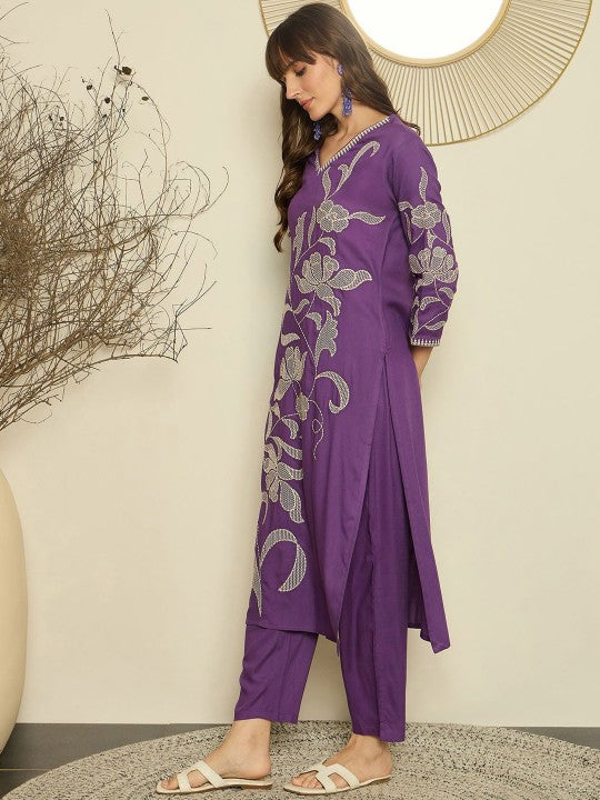 Indo Era Women Embroidered V-Neck Top and Trousers Co-Ords