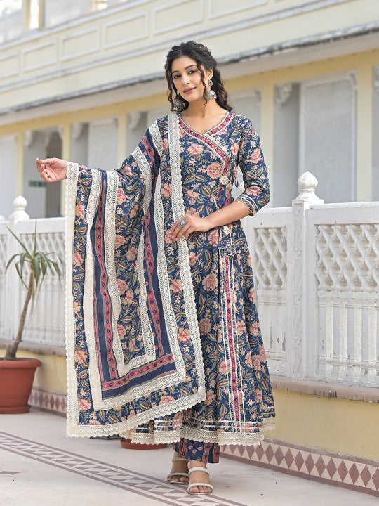 all about you Floral Printed Angrakha Pure Cotton Anarkali Kurta with Trousers & Dupatta