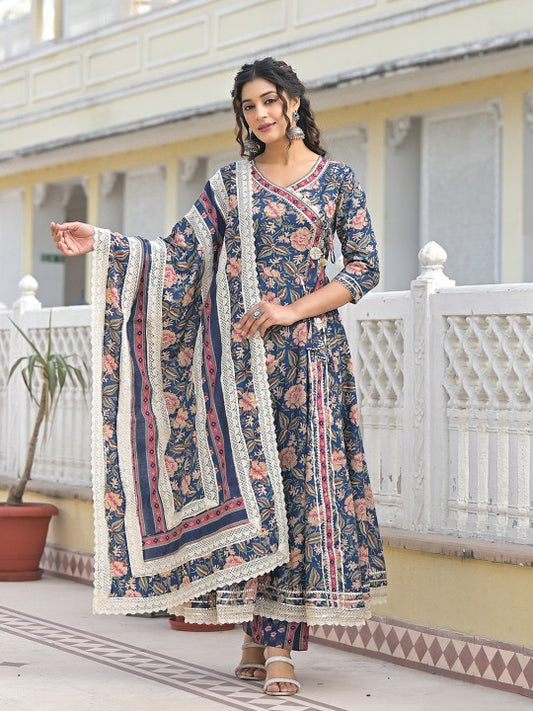 all about you Floral Printed Angrakha Pure Cotton Anarkali Kurta with Trousers & Dupatta