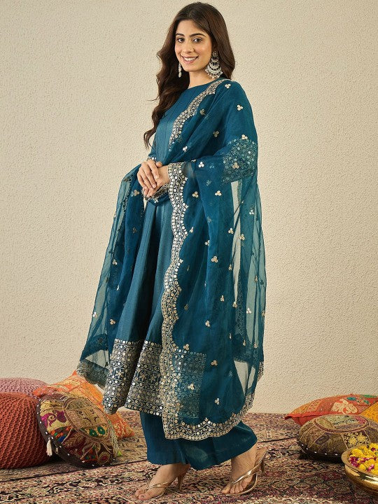 Inddus Women Ethnic Motifs Embroidered Kurta with Palazzo & Dupatta