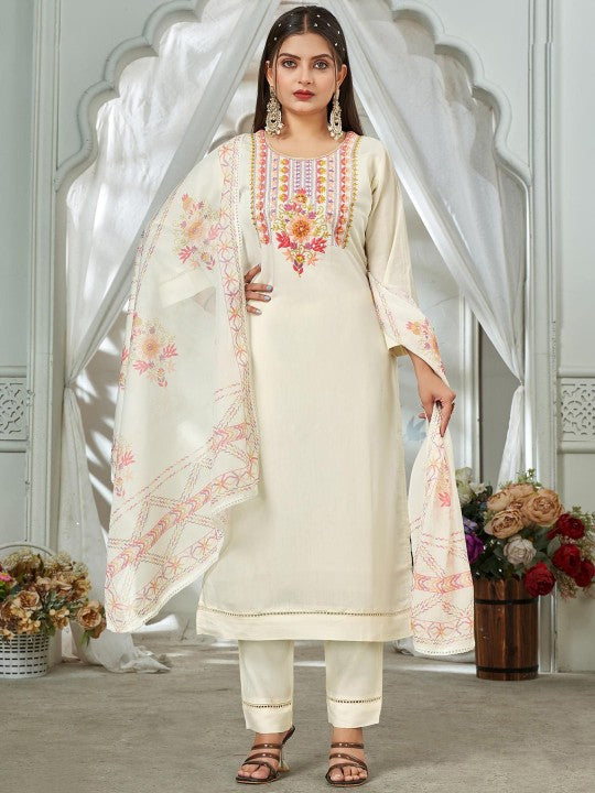 all about you Women Embroidered Regular Thread Work Straight Kurta with Salwar & Dupatta