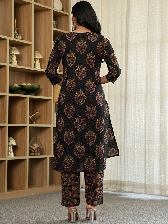 Yufta Women Ethnic Motifs Embroidered Regular Kantha Work Pure Cotton Kurta with Trousers & With Dupatta