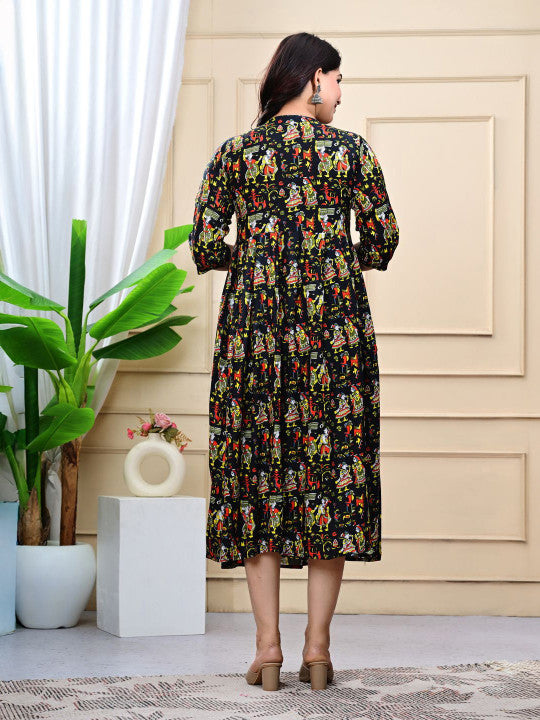 WE PERFECT Ethnic Motifs Printed Pure Cotton Round Neck Maternity A-Line Ethnic Dress