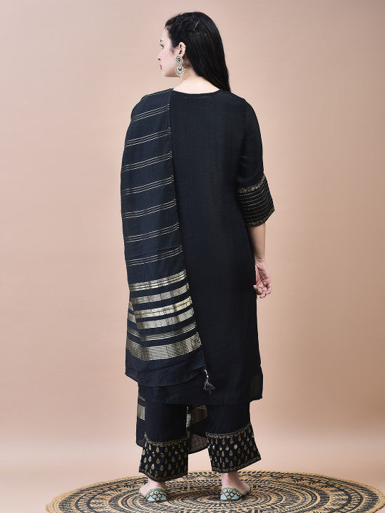 Floral Woven Design Round Neck Straight Kurta With Trouser With Dupatta