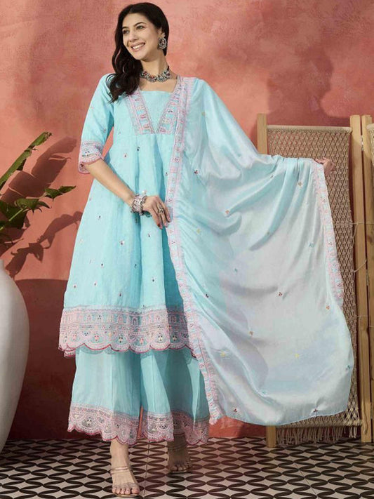 Aralia Women Floral Embroidered Regular Thread Work Pure Cotton Kurta Sets