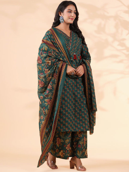 Vbuyz Floral Printed Regular Sequinned Pure Cotton Kurta With Palazzos & Dupatta