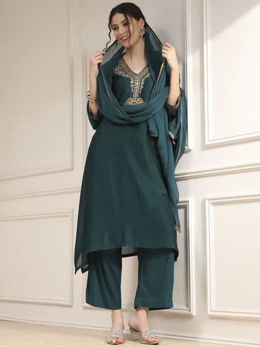 Biba Women Striped Thread Work Straight Kurta with Palazzos & Dupatta