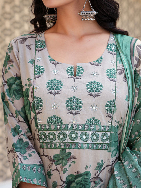 AARDRAA Floral Printed Notch Neck Pure Cotton Straight Kurta With Trousers & Dupatta