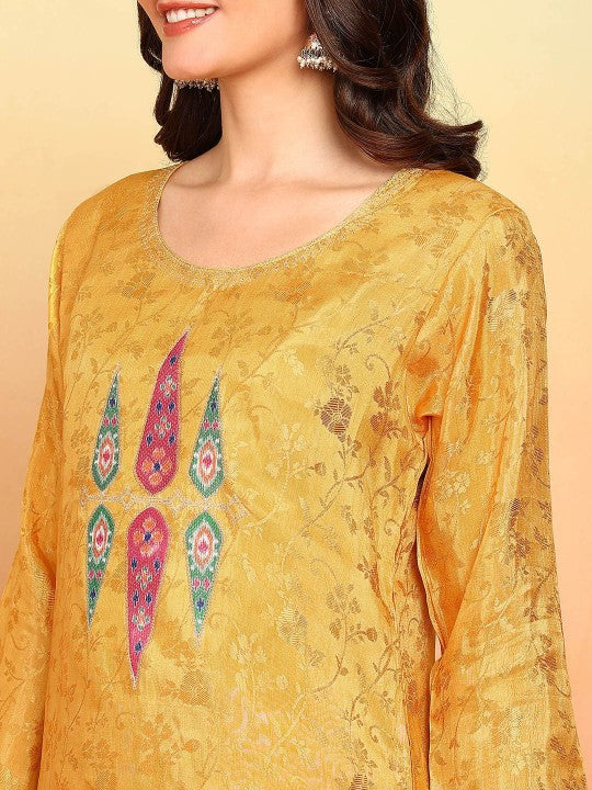 Floral Woven Design Round Neck Tissue Straight Kurta