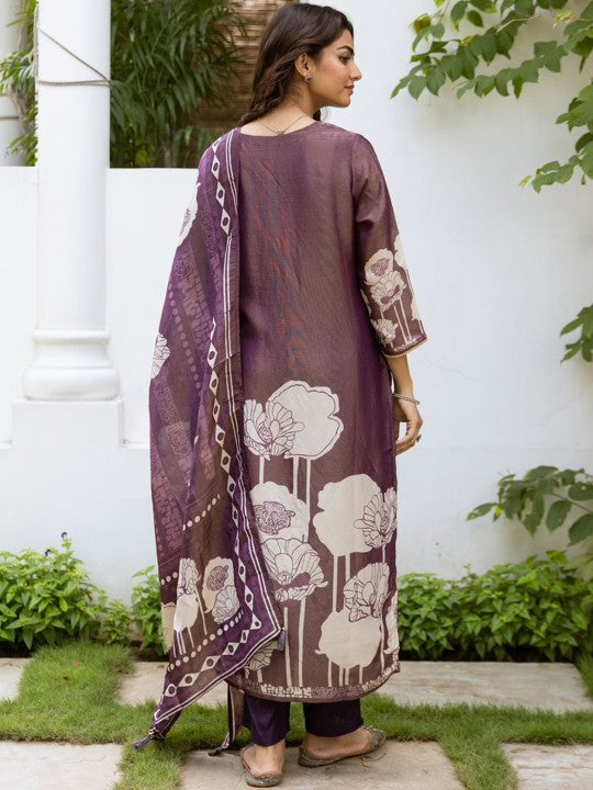 Anouk Purple Floral Printed Mirror Work Tissue Straight Kurta