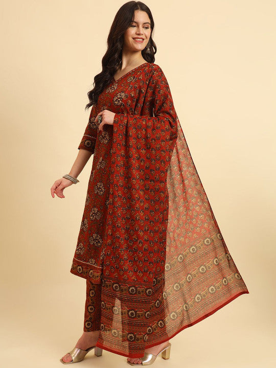 Yufta Women Floral Printed Regular Sequinned Pure Cotton Kurta with Trousers & With Dupatta