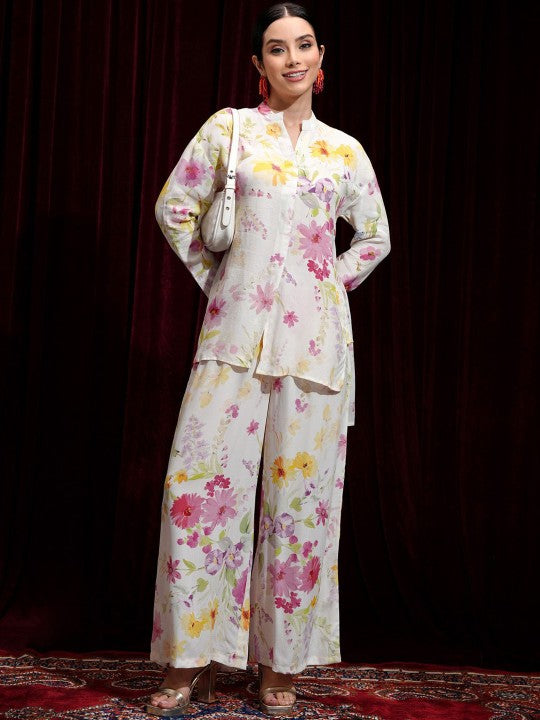 Vishudh White Floral Printed Mandarin Collar Long Sleeves Top With Palazzo