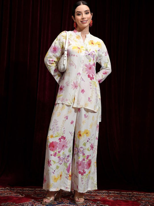 Vishudh White Floral Printed Mandarin Collar Long Sleeves Top With Palazzo