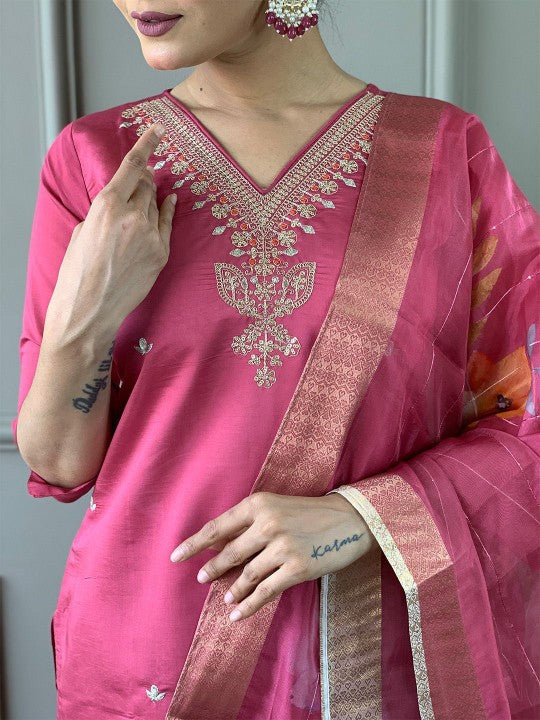Ishin V-Neck Floral Yoke Design Sequinned Straight Kurta with Trouser & Dupatta