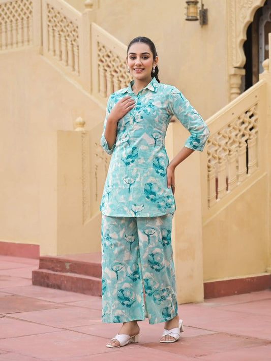 Floral Printed Shirt Collar Pure Cotton Tunic With Palazzo