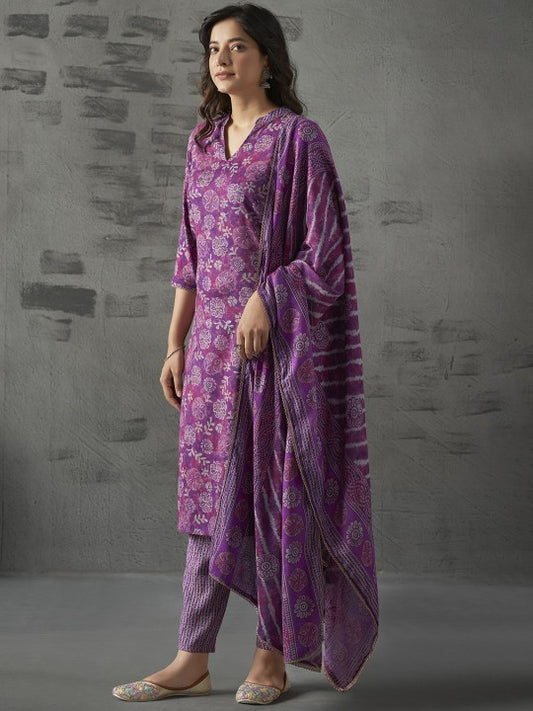 Anouk Purple Floral Printed Mandarin Collar Straight Kurta with Trousers & Dupatta