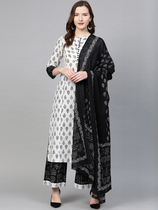 YASH GALLERY Women Ethnic Motifs Printed Regular Pure Cotton Kurta with Palazzos & With Dupatta