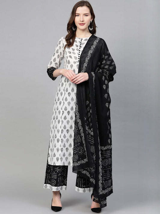 YASH GALLERY Women Ethnic Motifs Printed Regular Pure Cotton Kurta with Palazzos & With Dupatta