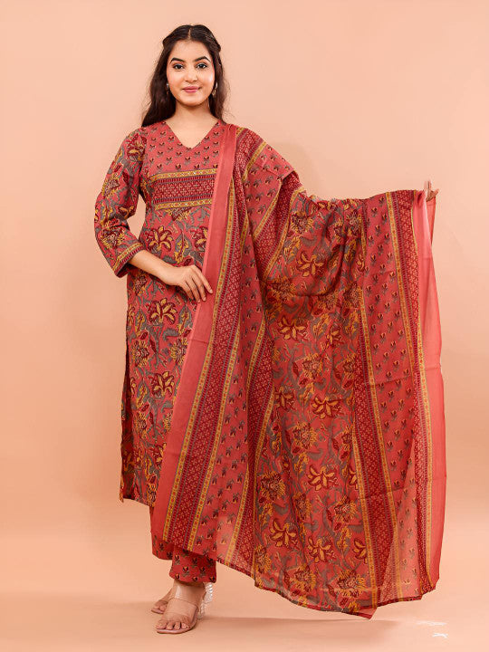 VASVI Women Floral Printed Pure Cotton Kurta with Trousers & Dupatta