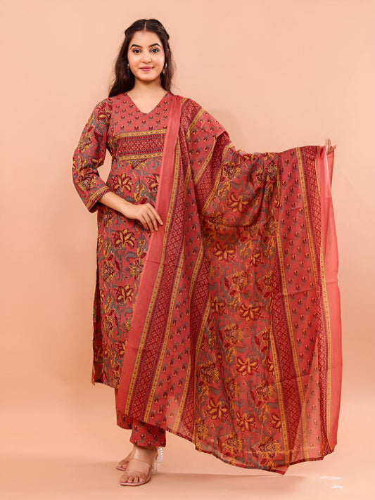 VASVI Women Floral Printed Pure Cotton Kurta with Trousers & Dupatta