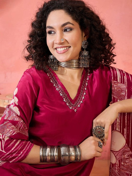 Floral Printed V-Neck Beads and Stones Straight Kurta