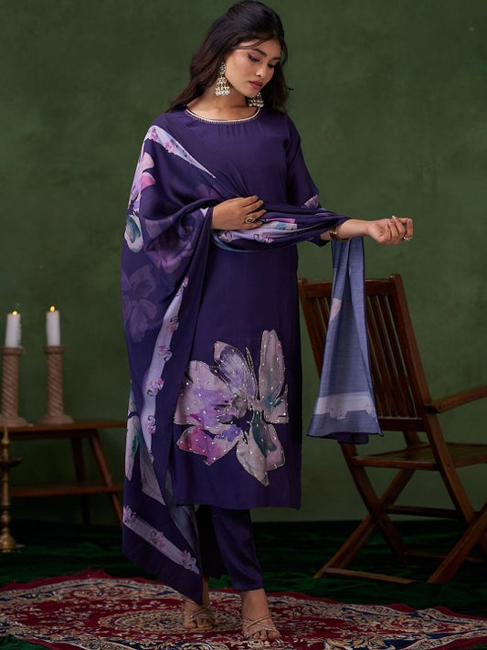 Anouk Floral Printed Sequnnied Straight Kurta