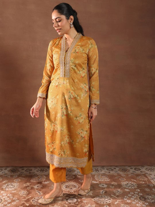 Floral Printed V-Neck Thread Work Kurta