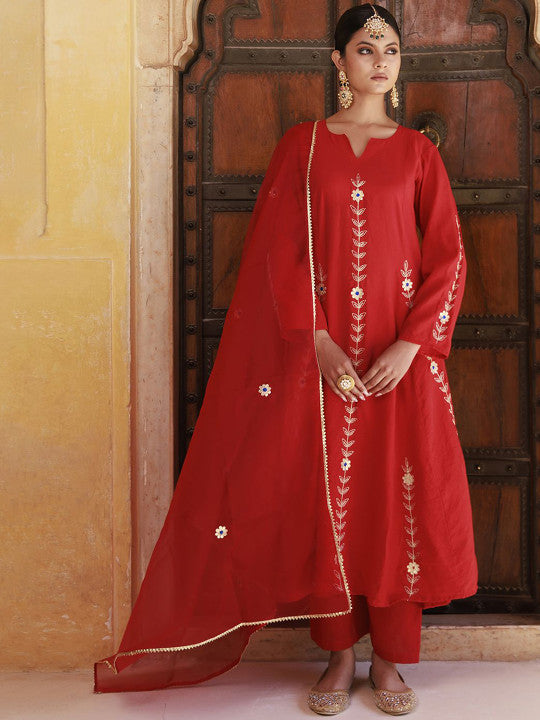 Bannhi by Priyanka Rathore  Floral Embroidered Gotta Patti Chanderi Silk Kurta with Palazzos & Dupatta
