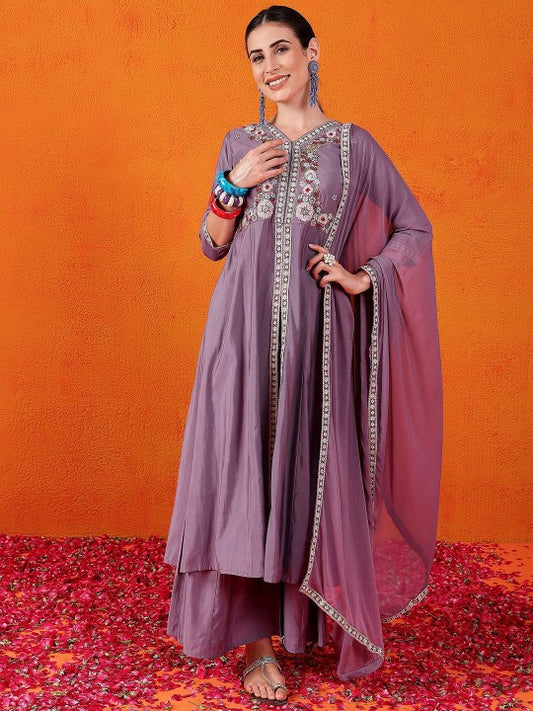 Ariya Prints Floral Embroidered V-Neck Sequinned Pure Silk Kurta