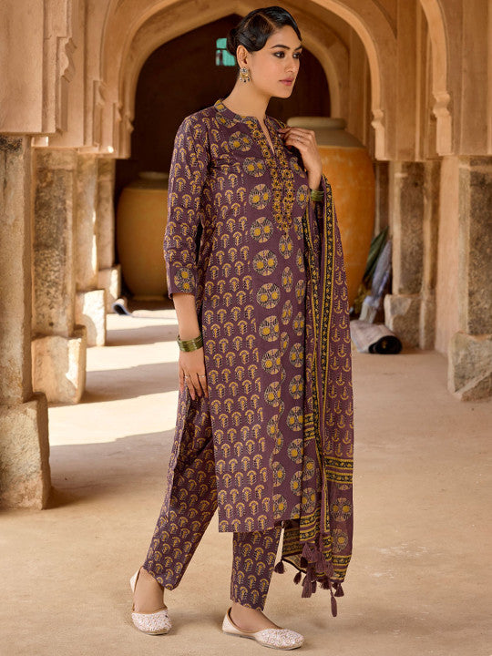 WOMEN PLUS Women Ethnic Motifs Embroidered Cotton Kurta with Pyjama & Dupatta