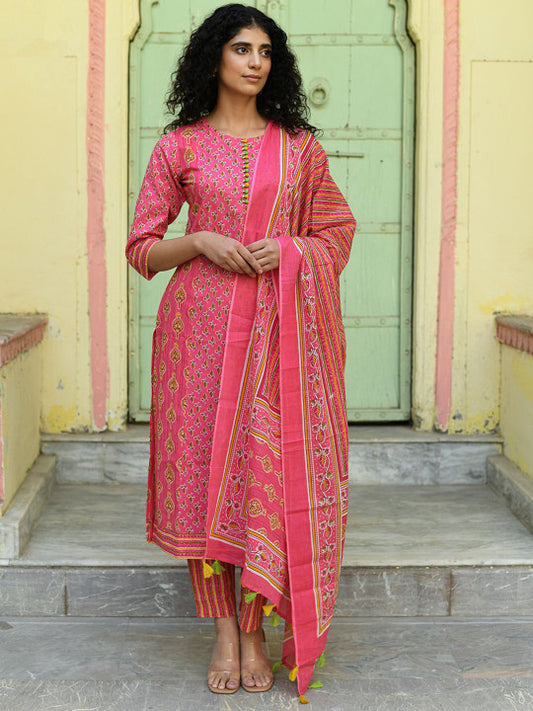 Floral Printed Pure Cotton Straight Kurta With Palazzos & Dupatta