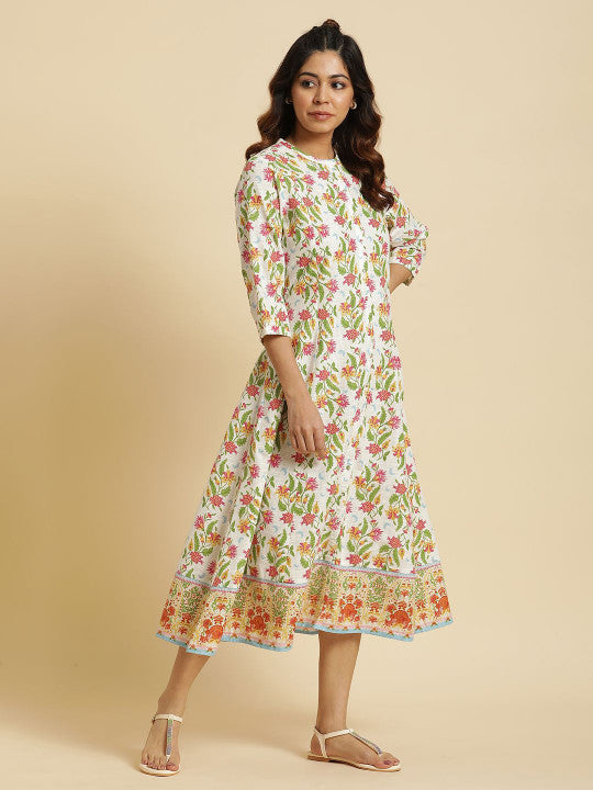 W Floral Printed A-Line Midi Ethnic Dress