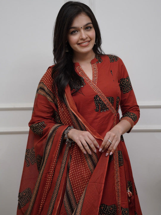 GoSriKi Printed Anarkali Kurta with Trousers & Dupatta