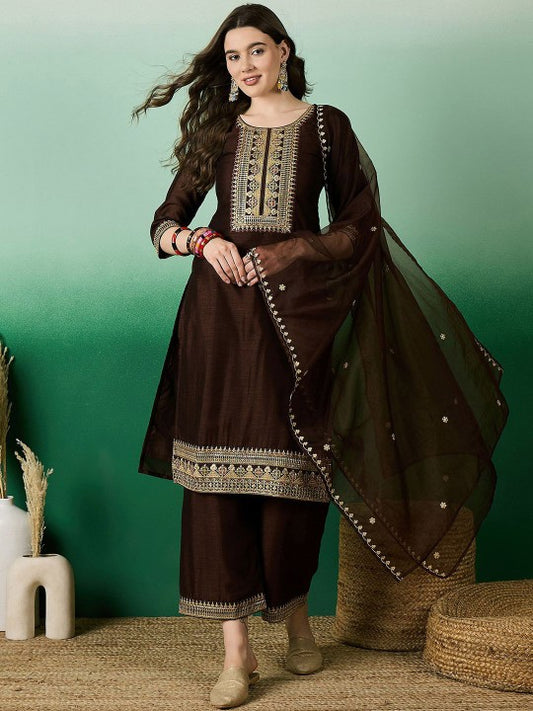 Floral Yoke Design Straight Sequinned Kurta