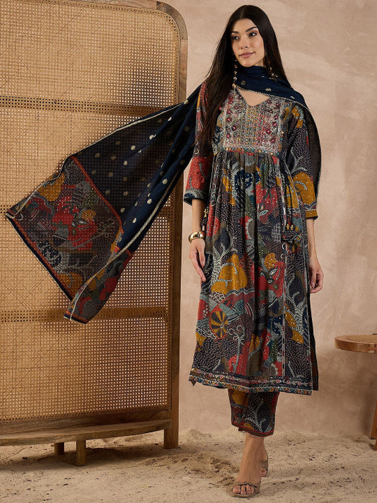 CHETI Floral Printed V-Neck Thread Work Raw Silk Kurta With Trousers & Dupatta