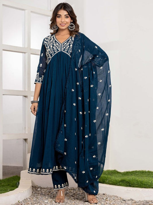 CHETI Women Ethnic Motifs Embroidered Anarkali Kurta with Trousers & Dupatta