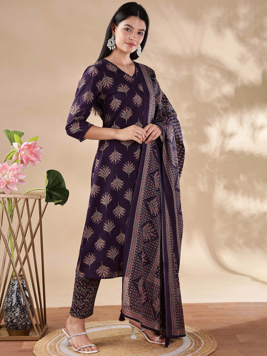 Anouk Women Floral Printed Regular Pure Cotton Kurta with Trousers & With Dupatta