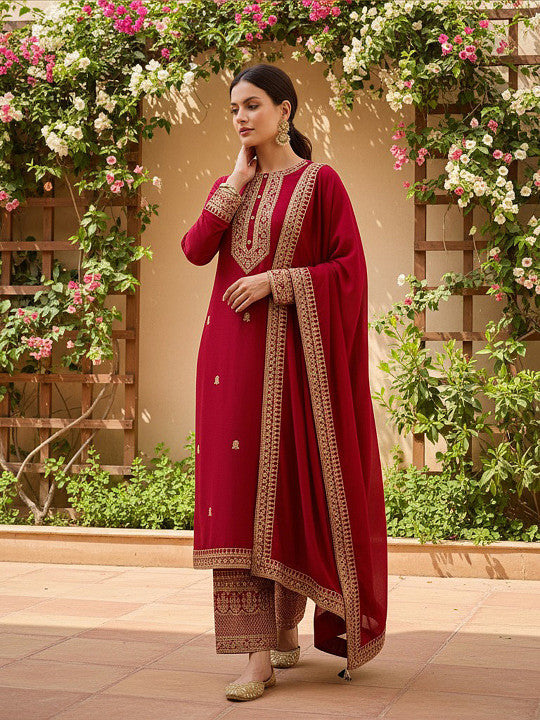AHIKA Ethnic Motifs Embroidered Straight Kurta with Palazzos & Dupatta