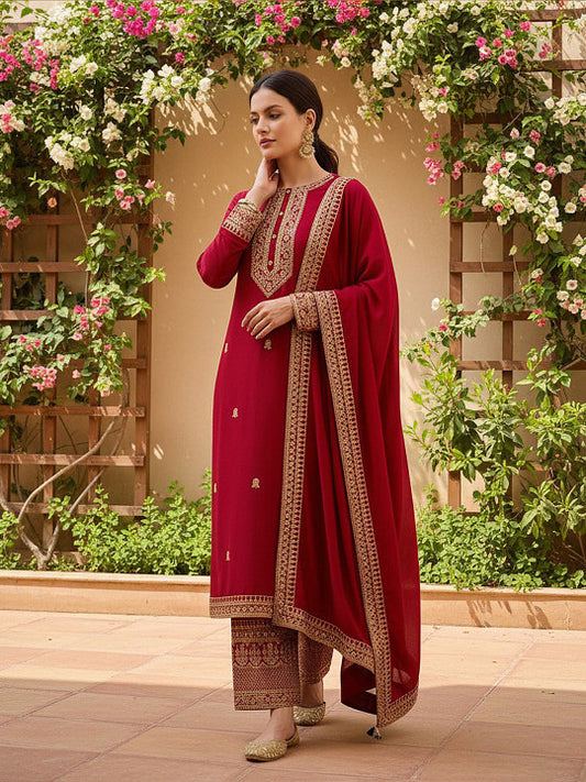 AHIKA Ethnic Motifs Embroidered Straight Kurta with Palazzos & Dupatta
