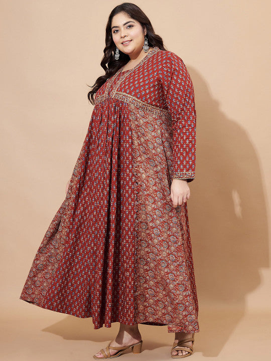 Vbuyz Plus Floral Printed Square Neck Cotton Maxi Ethinic Dress