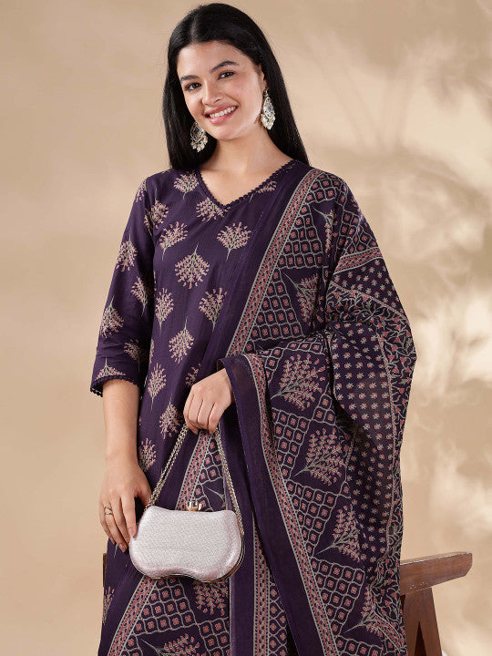 Anouk Women Floral Printed Regular Pure Cotton Kurta with Trousers & With Dupatta