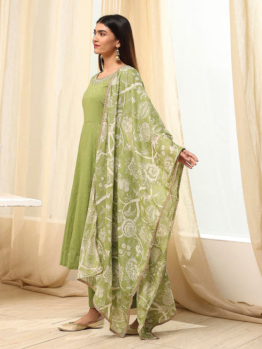 Biba Women Floral Printed Regular Beads and Stones Pure Cotton Kurta with Palazzos & With Dupatta