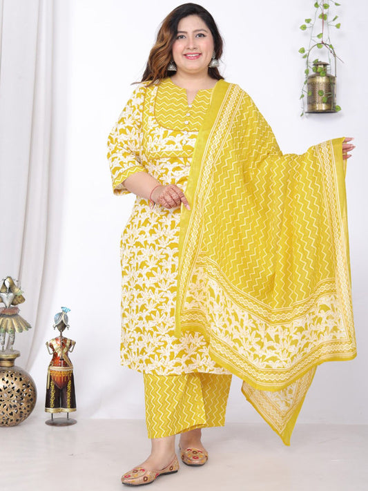 Swasti Plus Floral Printed Notch Neck Pure Cotton Straight Kurta With Trousers & Dupatta
