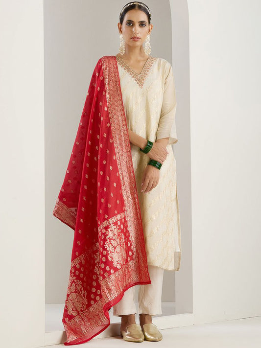 Ishin White Floral Embroidered V-Neck Straight Kurta With Trousers & Dupatta