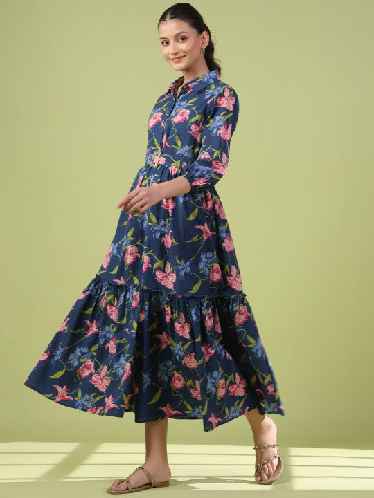 anayna Floral Printed Cotton Maxi Flared Ethnic Dress