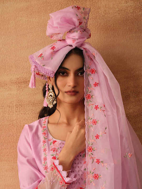 Ishin Floral Embroidered Round Neck Straight Kurta With Trouser & Dupatta