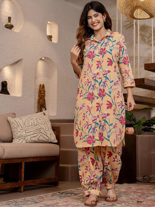 FEATHERS CLOSET Floral Printed Shirt Collar Pure Cotton Tunic With Trousers